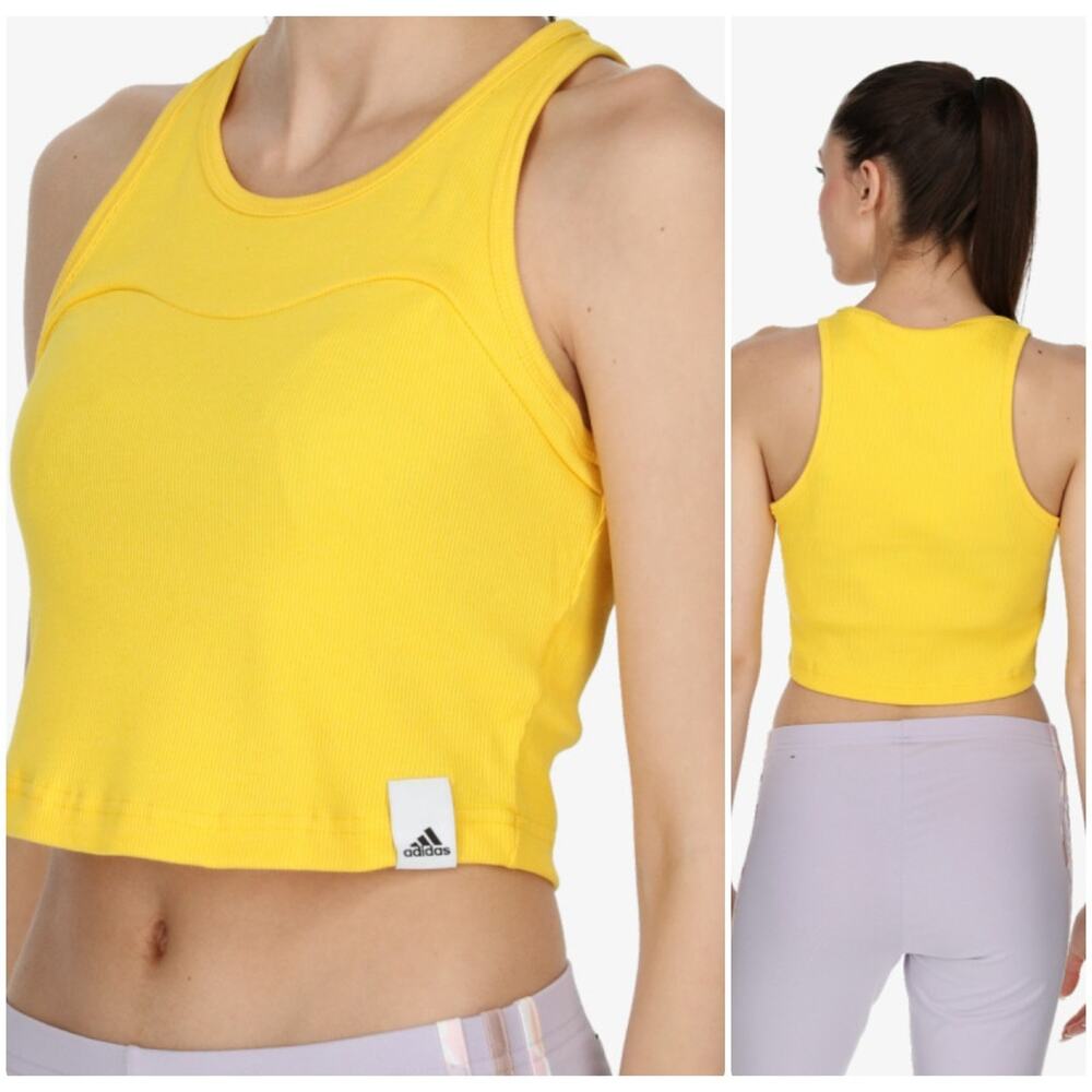 Adidas Women’s Yellow Ribbed Crop Tank Top Sleeveless Size M Sustainable